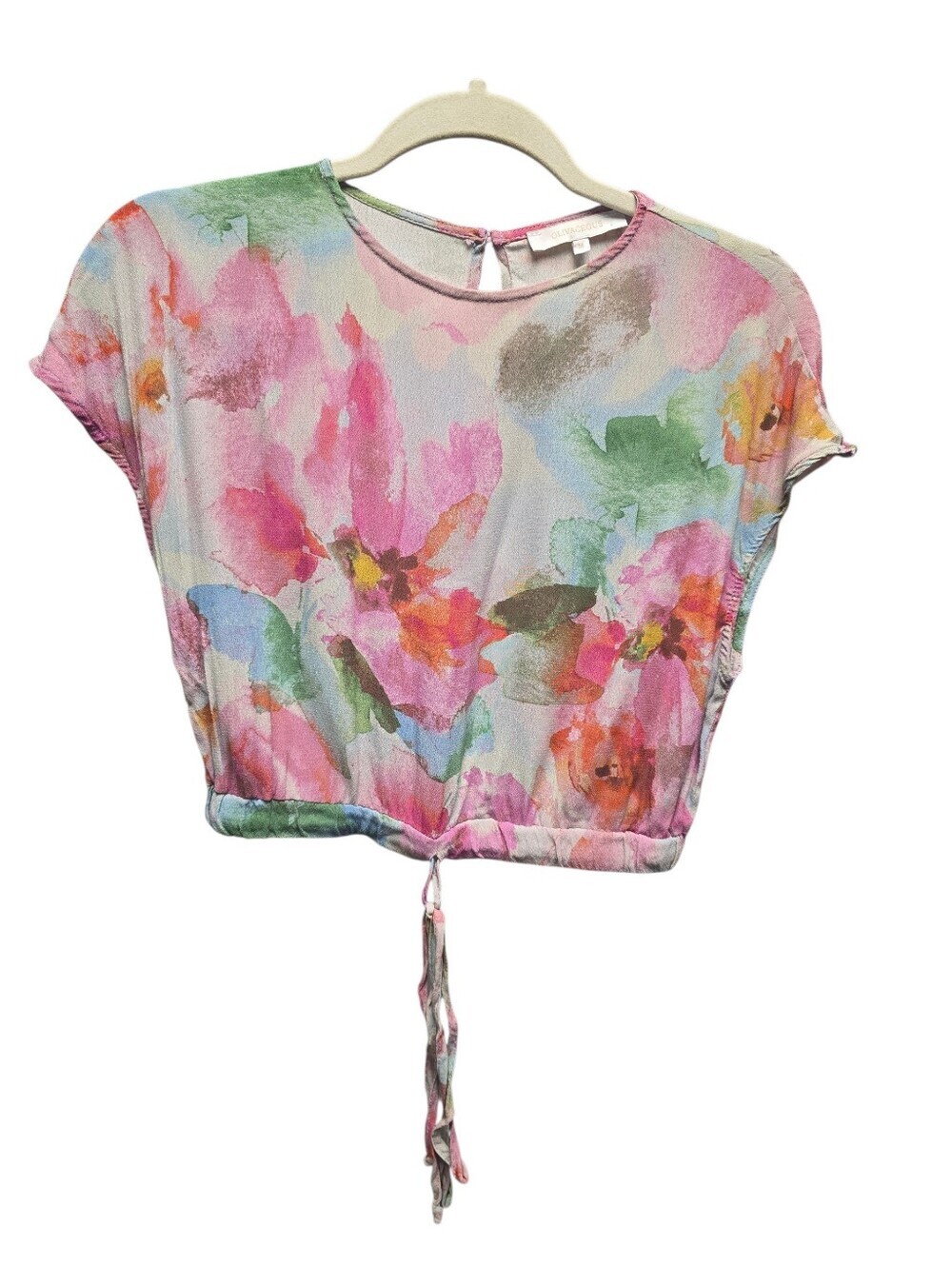 Olivaceous Floral Watercolor Tie-Hem Crop Top - Pink & Multicolor Sz.M